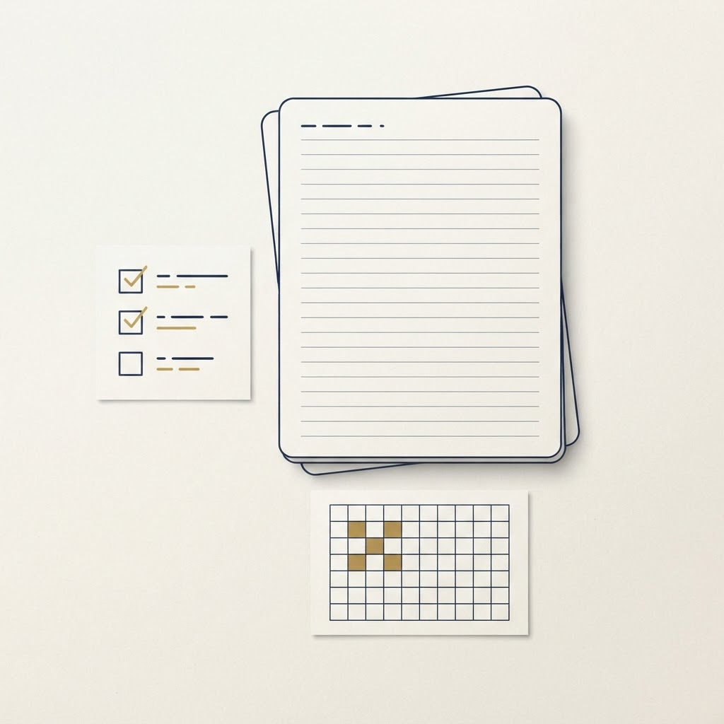 Flat-lay illustration of the book's worksheets: a weekly planning sheet, a project checklist and a monthly progress tracker.